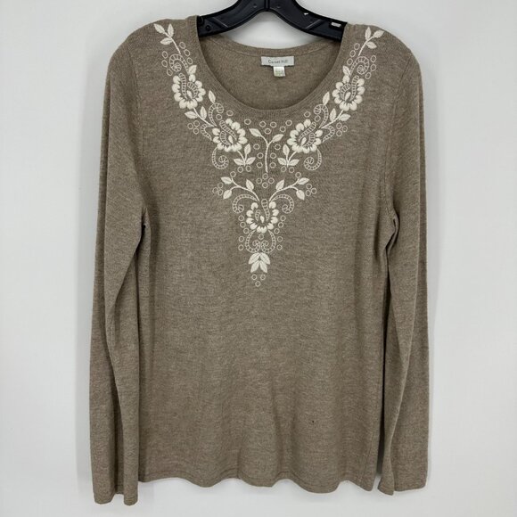 Garnet Hill Floral Embroidered Sweater M Lambswool Cashmere Angora Tan Cream - Picture 1 of 7
